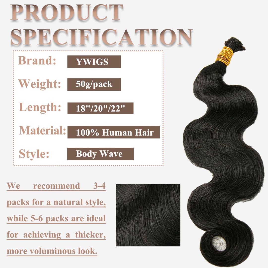 YWIGS Body Wave Human Braiding Hair for Boho Braids 50G No Weft Virgin Human Hair Bulk Human Hair for Braiding 20inch