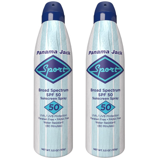 Panama Jack Sport Sunscreen Spray - SPF 50, Broad Spectrum UVA/UVB Protection, PABA, Paraben, Gluten & Cruelty Free, Water Resistant (80 Minutes), 5.5 OZ (Pack of 2)