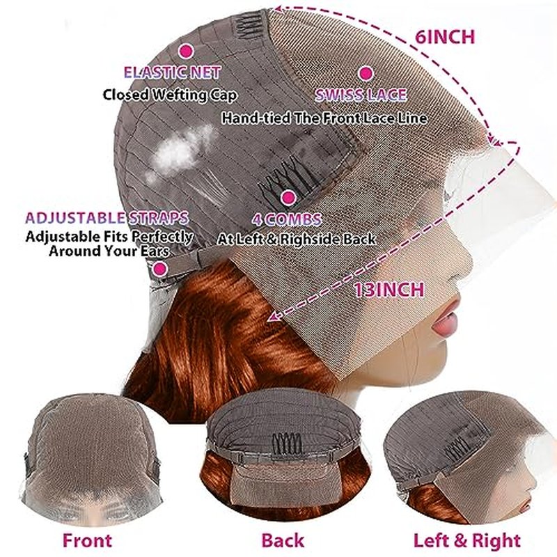 200 Density 13x6 Reddish Brown Lace Front Wigs Human Hairs Pre Plucked 13x6 HD Transparent Body Wave Lace Front Wigs With Baby Hair Ginger #33 Colored Human Hair Wig For Women (22 Inch)