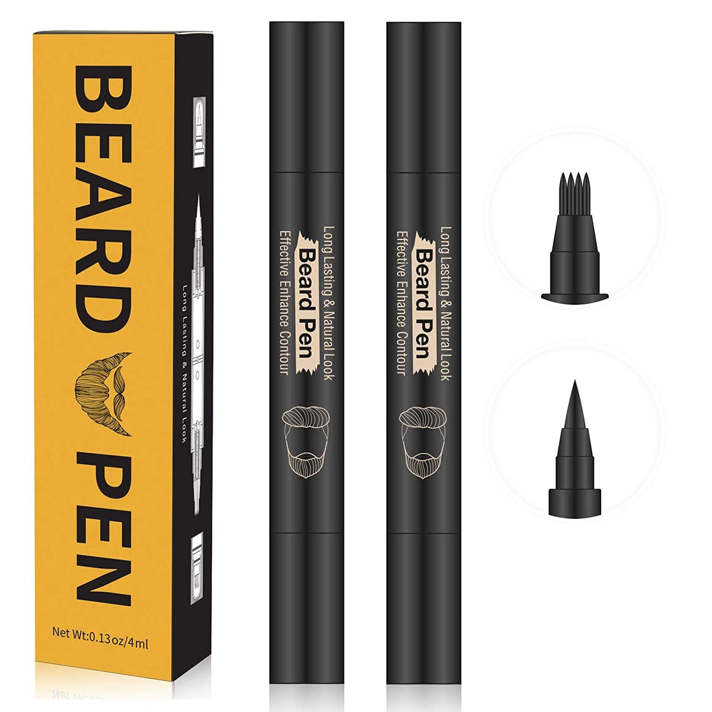 Beard Pencil Filler Kit - 4 Tip Pen and Brush for Men, Facial Hair Enhancer and Mustache Shaper (2 Black Pens)