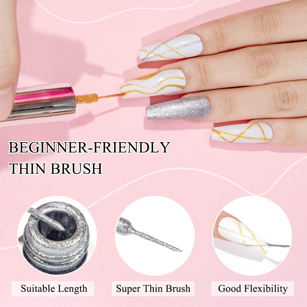 MIZHSE Gel Liner Nail Art Paint Set - 4 Pcs Glitter Silver & Gold for Stunning French Designs | Soak Off Manicure