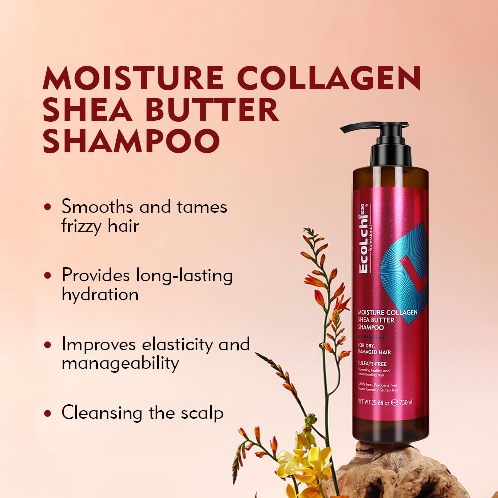 ECOLCHIPRO Collagen Shea Burtter Shampoo Organic Moisture Deep Repair Smooth Collagen Shampoo for Women Dry and Damaged Hair All Hair Types 750ml 25.6 fl. oz
