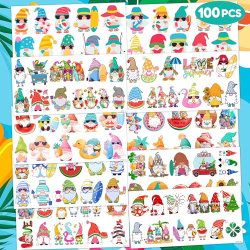 10 Sheets 100PCS Summer Gnomes Temporary Beach Gnomes Decorations Supplies Favors Theme Birthday Cute Christmas Gifts for Boys Girls Kids Class School Prizes Carnival