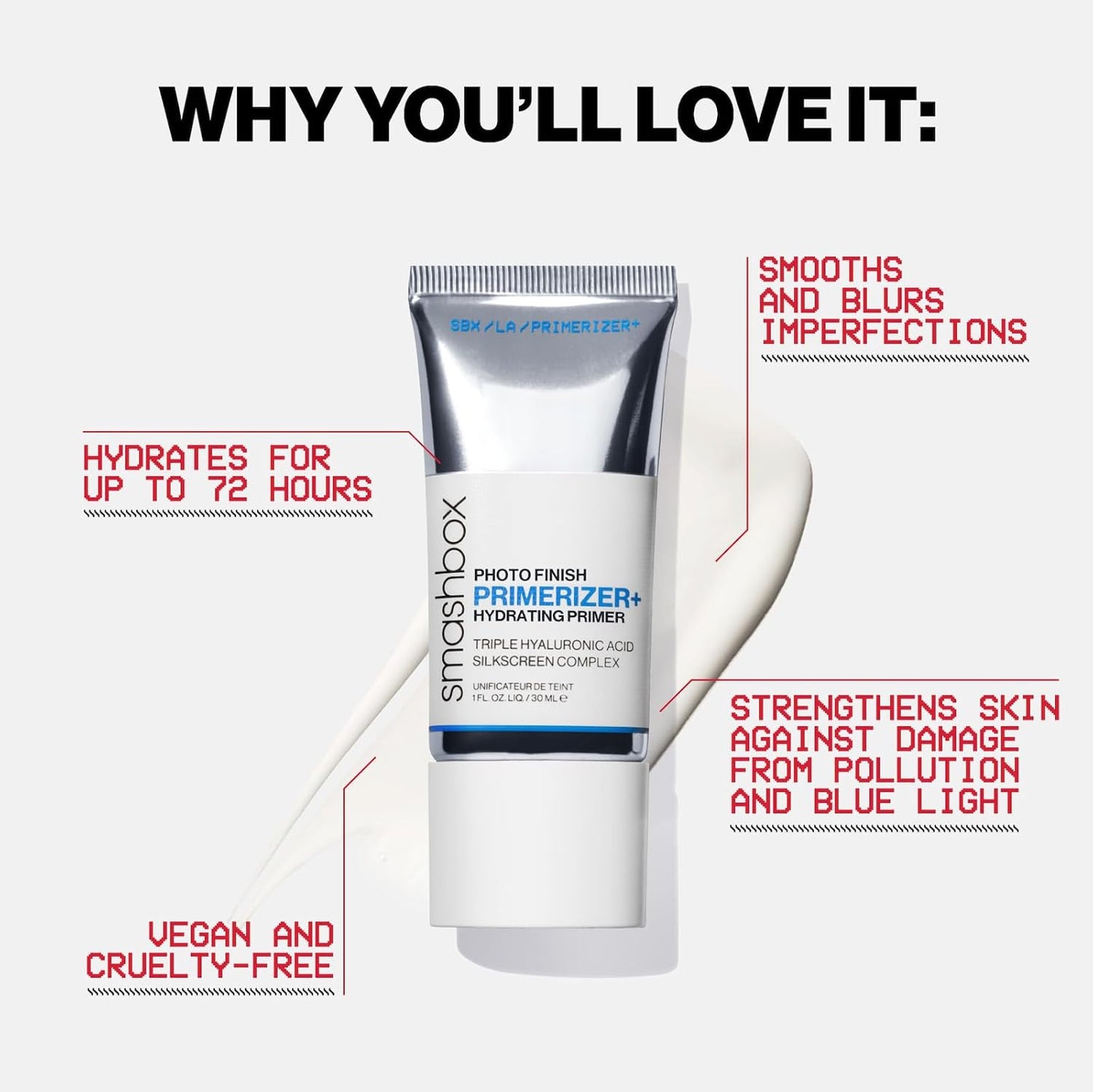 Smashbox Photo Finish Hydrating Face Primer - Triple Hyaluronic Acid & Niacinamide | 72-Hour Hydration for Dry Skin