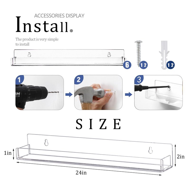 Justsoso 6Pcs/Set 24 Inch Nail Polish Rack Wall Mounted, Lipstick Essential Oil Bottle Clear Holder Organizer, Big Display Stand Wall Shelf for Bottle Cup Make-ups