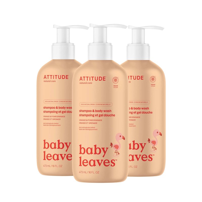 ATTITUDE Baby 2-in-1 Shampoo and Body Wash, EWG Verified, Dermatologically Tested, Vegan, Orange and Pomegranate, 16 Fl Oz (Pack of 3)