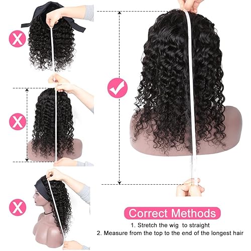 Headband Wig Human Hair Deep Wave 18 inch None Lace Front Wig Human Hair Machine Made Wigs Glueless Curly Hair Headband Half Wigs for Black Women Human Hair Natural Color