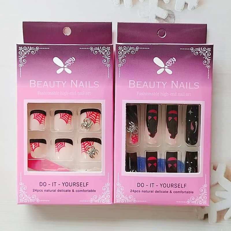 48pcs Long Coffin Press on Nails and Toes Nails Halloween French Tip Black Fake Fingers Toe Nail Tips Press ons Spider Charm Glue on Toe Nails Square Ghost Summer False Toe Nails for Women and Girls
