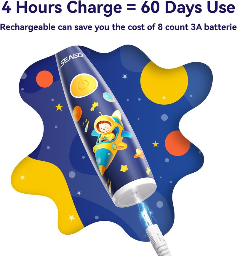 Kids Electric Toothbrush - Rechargeable with Smart Timer & LED Light | Soft Bristles for Ages 2-4 (Blue)