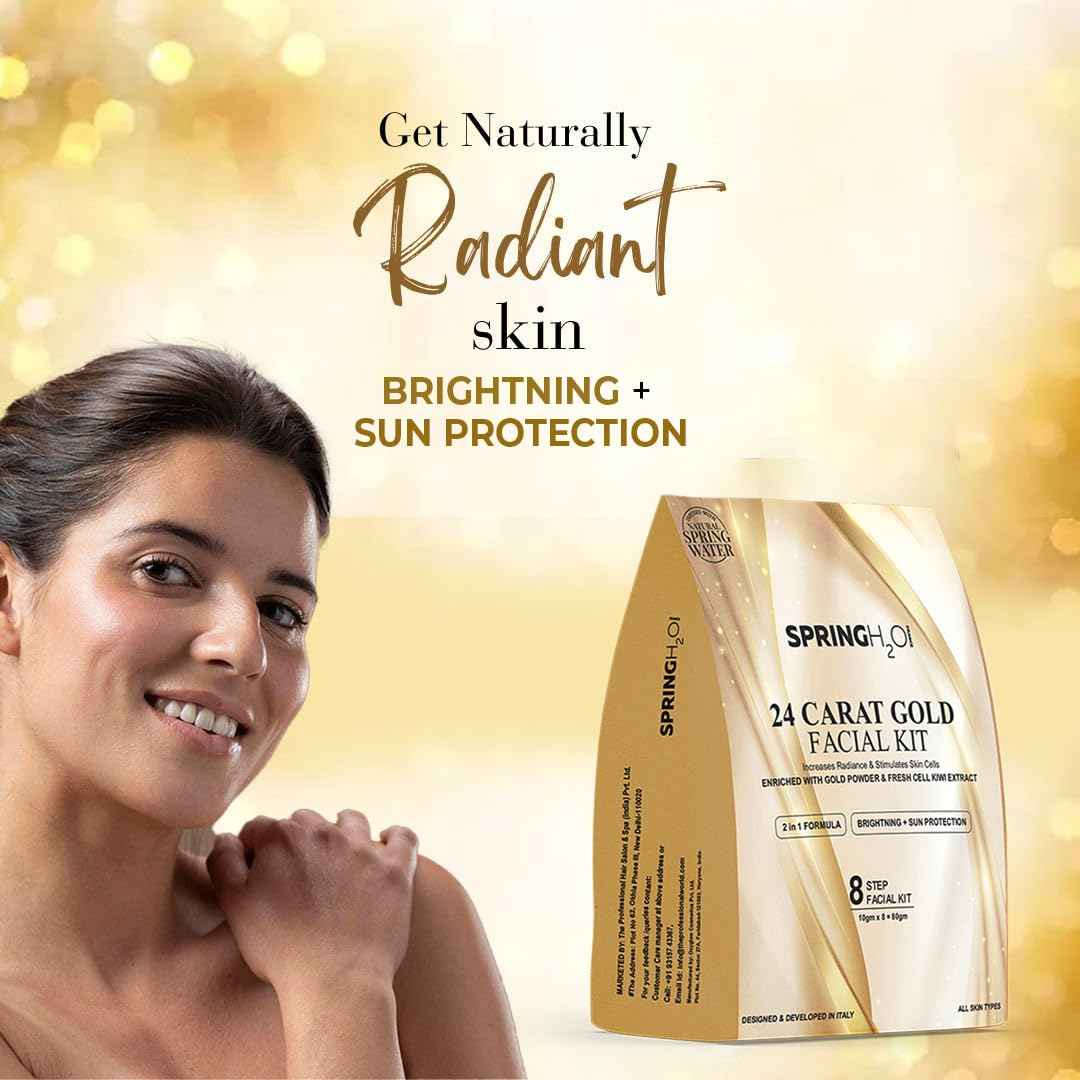 SPRING H2O 24 Carat Gold Facial Kit 80gm| 2 in 1 Formula Brightning+Sun Protection| Enriched with Fresh Cell KIWI Extract and Gold Powder|Simple 8 Step