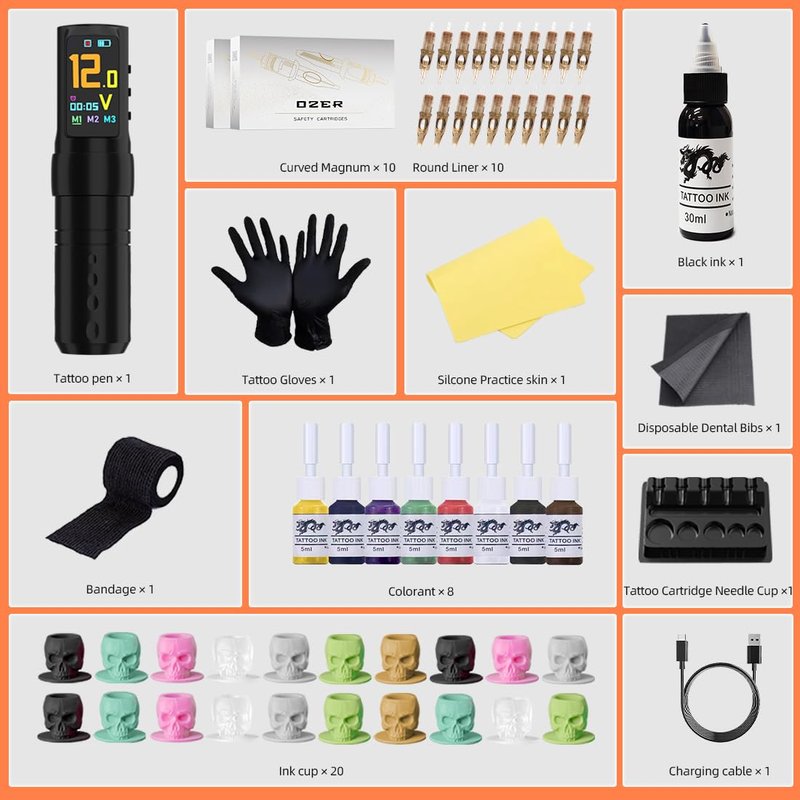 Wireless Tattoo Pen Kit 2000mAh - Professional Tattoo Gun with IPS Screen, 20 Sterile Needles, 8 Color Inks & Practice Skin