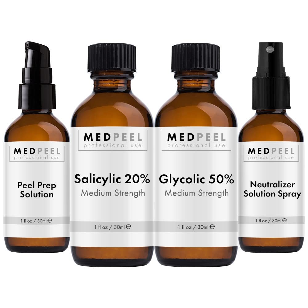 Alpha & Beta Hydroxy Acid Peel Kit - 20% Salicylic & 50% Glycolic | Medium Strength Chemical Peels, 1oz/30ml (Set of 4)