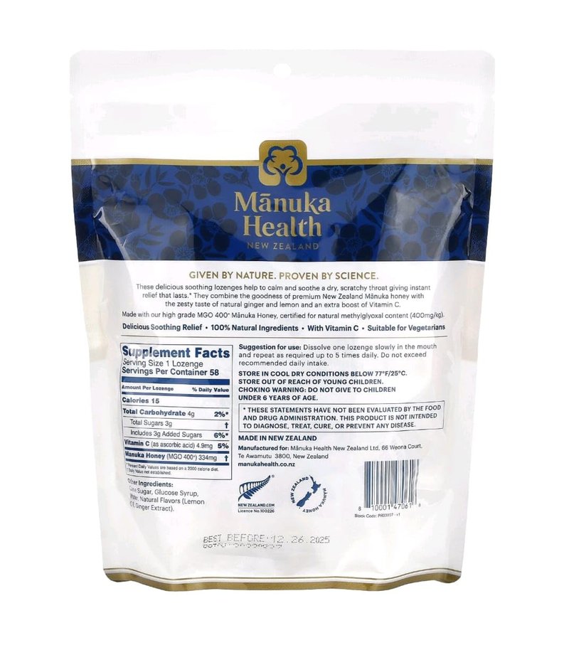 Manuka Health Manuka Honey Cough Drops – 58 Natural Lemon & Ginger Flavored Throat Lozenges Infused with Raw Manuka Honey and Vitamin C for Immune Support