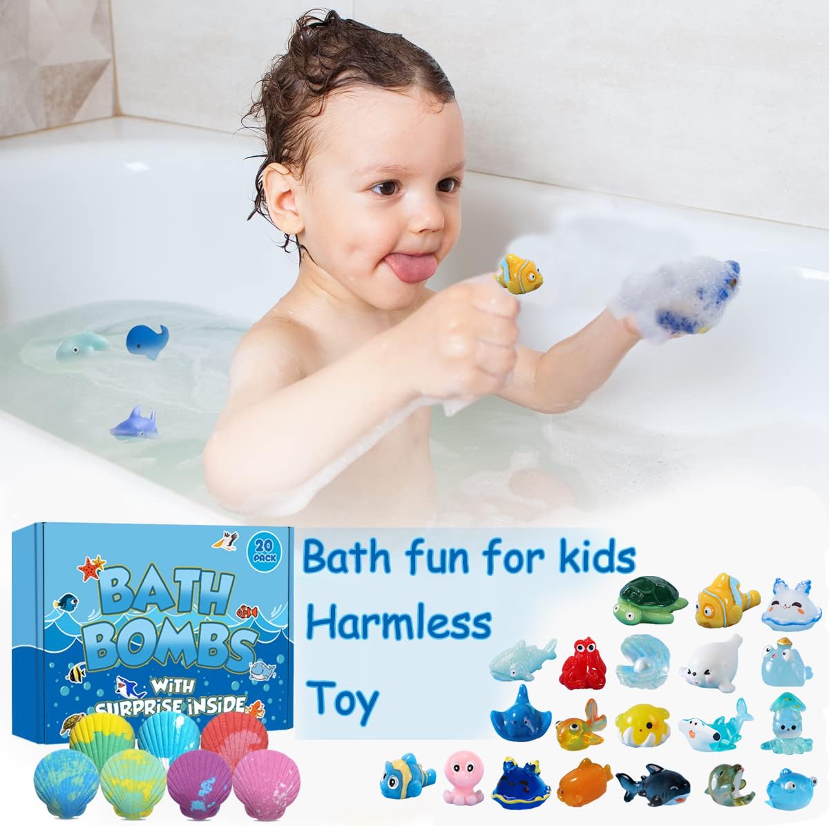 Bath Bombs for Kids - Surprise Marine Animals Inside | 20 Handmade Bubble Bath Fizzes for Birthday, Christmas & Party Favors