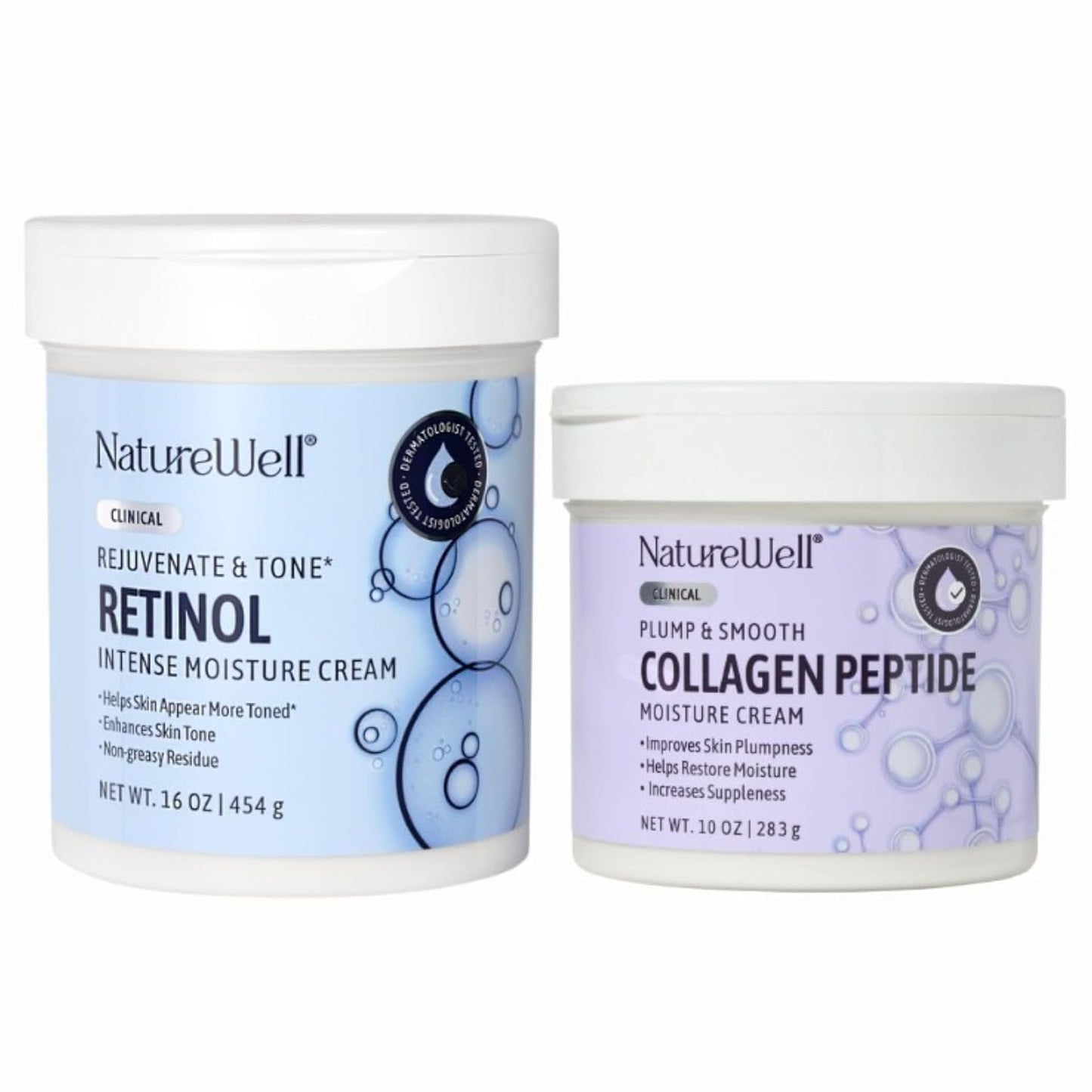 Nature Well Clinical Retinol & Collagen Peptide Moisturizing Cream Bundle - 16oz & 10oz | Rejuvenate, Hydrate, Smooth Skin