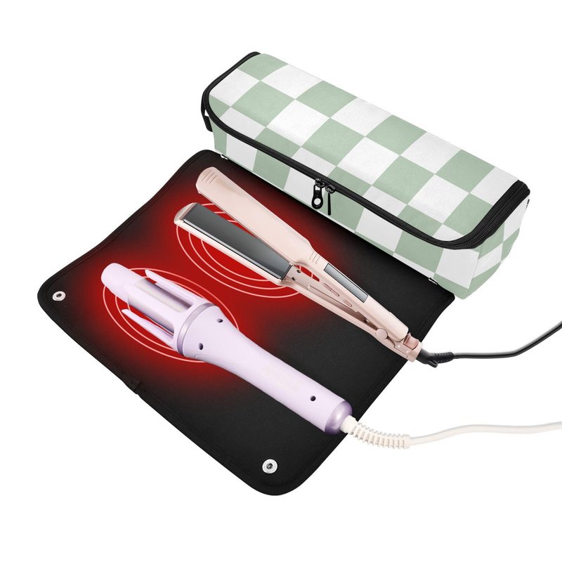 Checkered Green and White Hair Tools Travel Bag with Heat Resistant Mat Detachable 2-in-1 Curling Iron Travel Case Hot Tools Organizer for Straightener Flat Iron