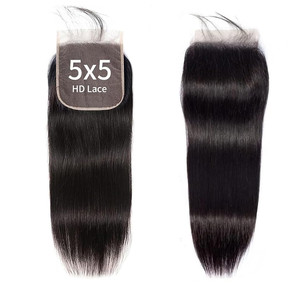 5x5 Closure Straight Hd Lace Closure Brazilian Virgin Human Hair Pre Plucked with Baby Hair Natural Hairline Black Color 18 Inch