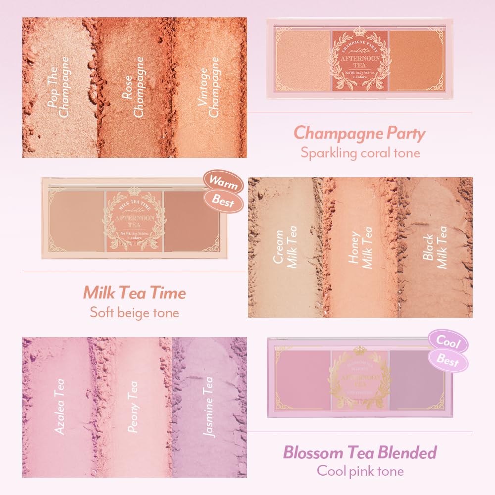 I'M MEME Blusher Palette - Afternoon Tea_Blossom Tea | Soft Pink, Peach, Lavender, 3 Shades Palette, Matte Powder, Face & Cheeks, For All Skin Tones, Powdery Finish, Lightweight Formula, 0.4 Oz