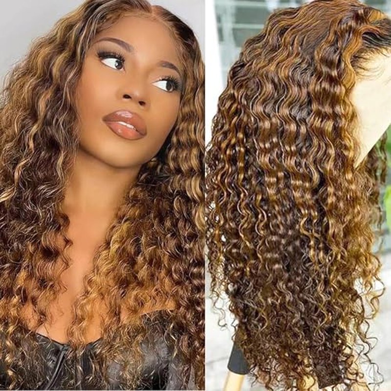18 inch Highlight Deep Wave Wig Human Hair, Ombre Lace Front Wig Human Hair, Honey Blonde Highlight Wig Human Hair, Wet and Wavy Lace Front Wigs Human Hair Pre Plucked 180% Density