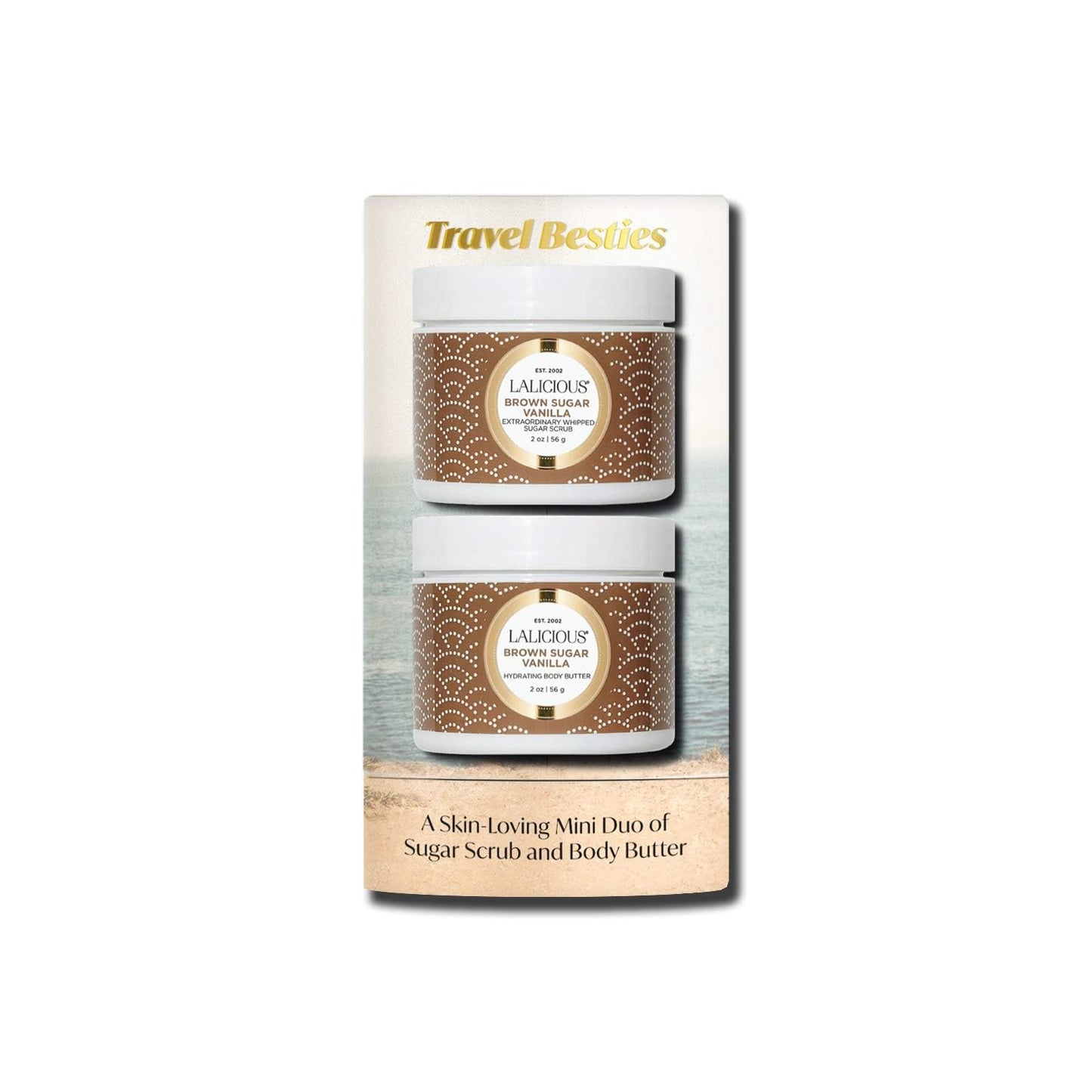 LALICIOUS Brown Sugar Vanilla Travel Besties - 2 Piece Gift Set Includes Travel Size Whipped Sugar Scrub (2oz) & Hydrating Body Butter (2oz) | Moisturize, Hydrate & Nourish Skin