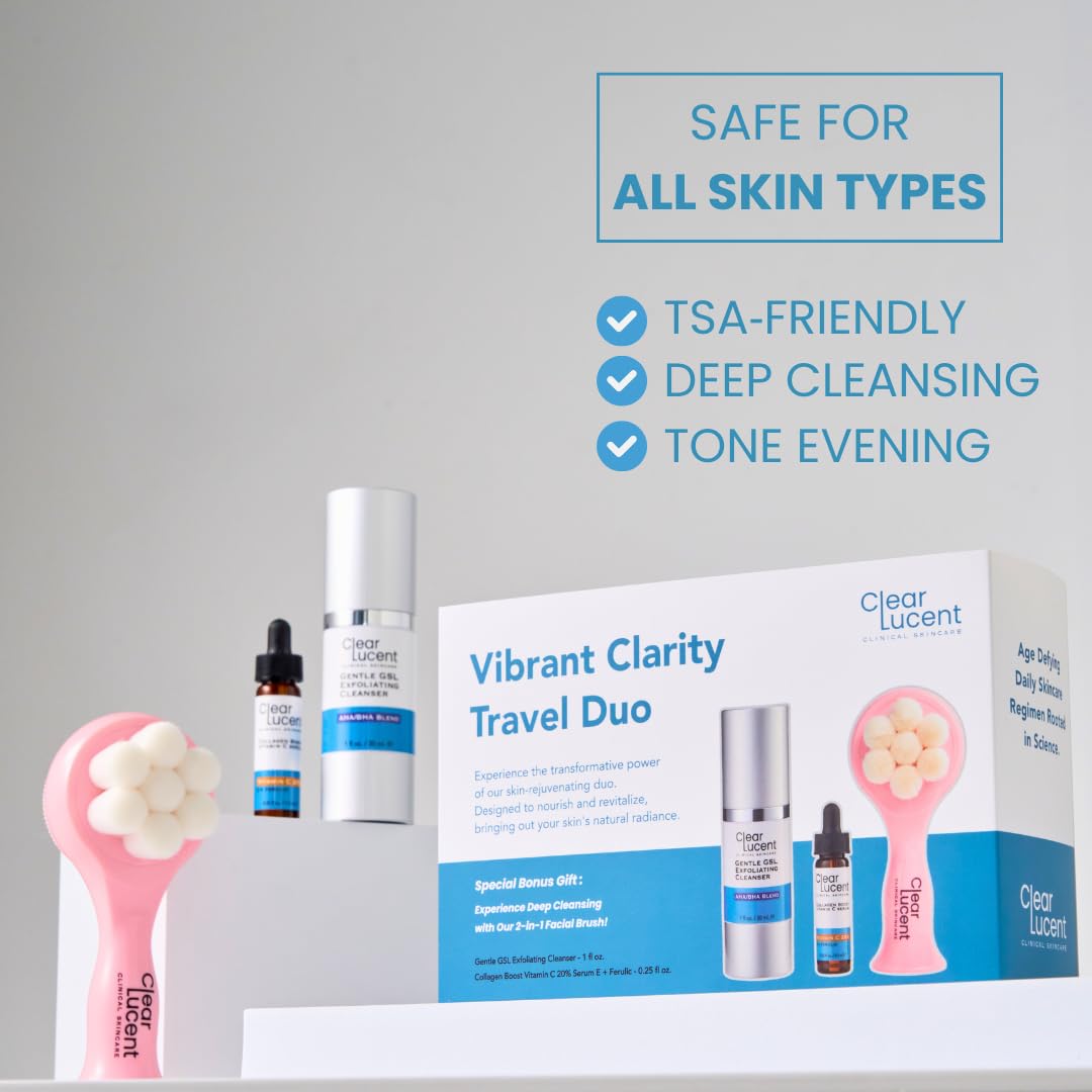 Vibrant Clarity Travel Skincare Set  | TSA‑Friendly GSL AHA/BHA Exfoliating Cleanser & 20 % Vitamin C + E + Ferulic Serum with Facial Brush & Travel Pouch | On‑the‑Go Glass Skin - 2‑Piece Set