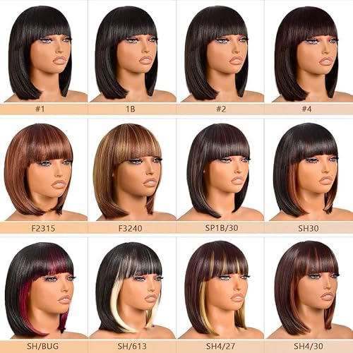 ToyoTress Bob Wig With Bangs - 12 Inch Peek-a-boo Color Short Bob Wig For Black Women Black Mix Brown Daily Costume Wigs, Light Yaki Straight Synthetic Hair Wigs Heat Resistant (12 Inch, SH30-612H)