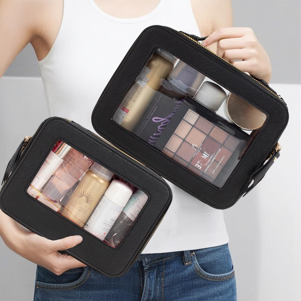 FFpaw Clear Toiletry Bag Set for Women, Transparent Travel Makeup Case Portable Skincare Cosmetic Bag with Zipper Waterproof Makeup Pouch Car Organizers Car Accessories for Essentials (Dual Black)