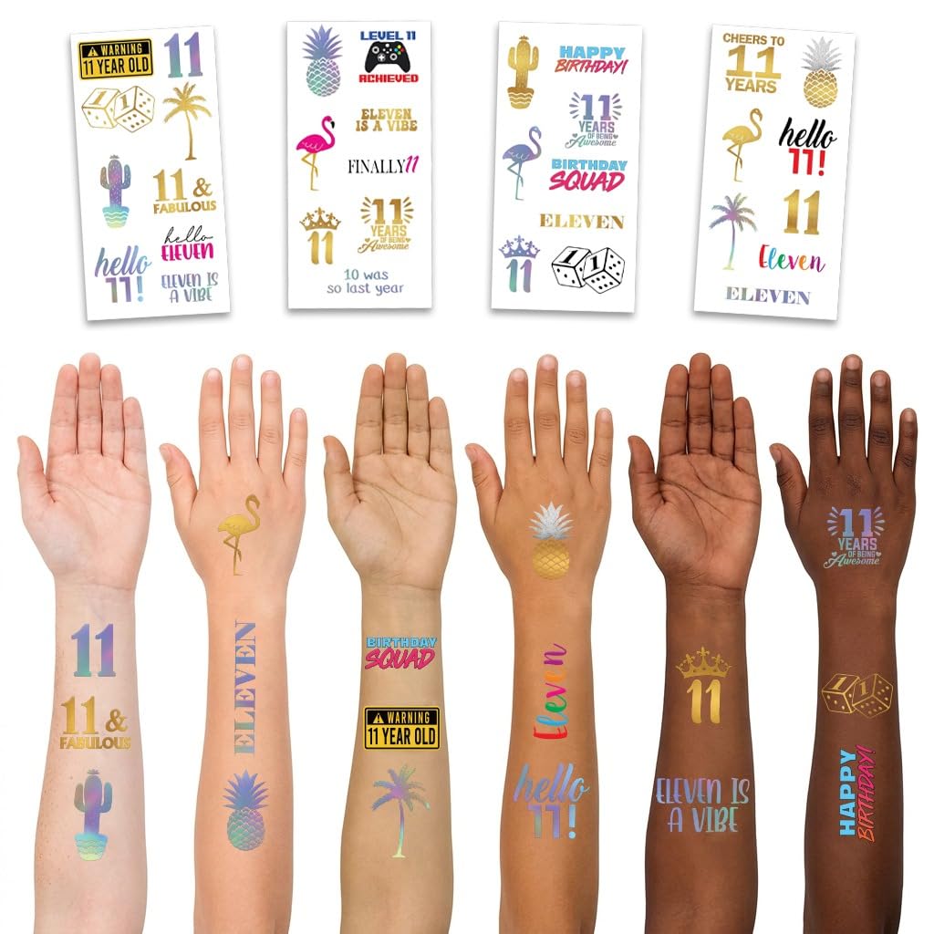 11th Birthday Temporary Tattoos - 4 Sheets - Funny Birthday Party Favors for Him or Her - Birthday Party Supplies, Gifts and Decorations
