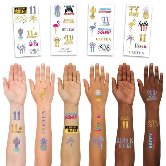11th Birthday Temporary Tattoos - 4 Sheets - Funny Birthday Party Favors for Him or Her - Birthday Party Supplies, Gifts and Decorations