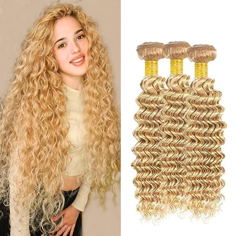 Ombre Highlight Deep Curly Bundles Human Hair Honey Blonde Loose Deep Wave Bundles P27/613 Human Hair Bundles Double Weft Tow Tone Silky Soft and Silky for Black Women 8 10 12 Inch