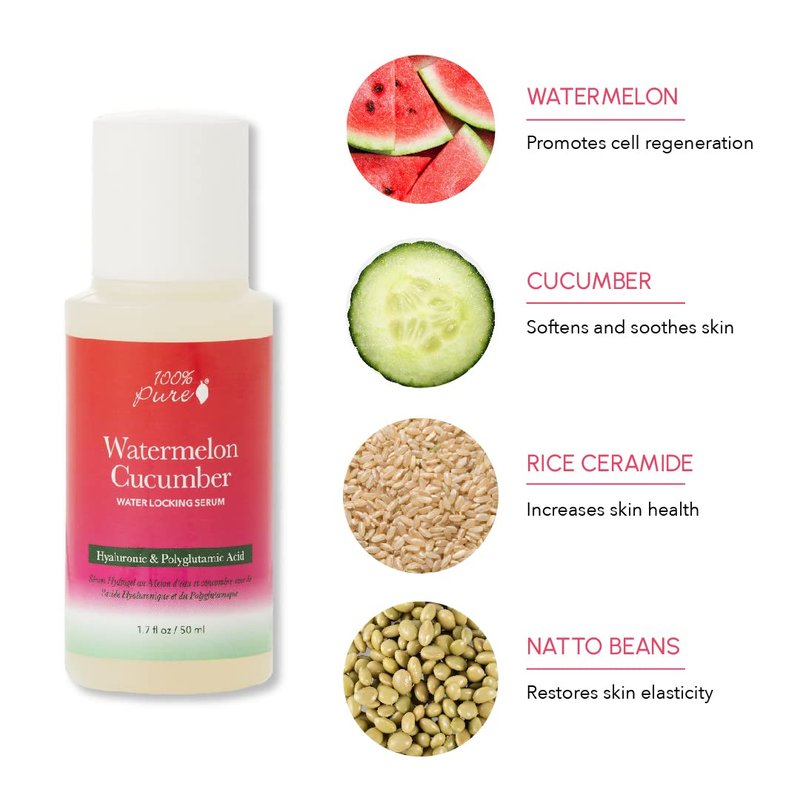 100% PURE Watermelon Cucumber Water Locking Moisturizing Serum for Face with Hyaluronic Acid to Replenish Hydrate & Plump Dry Thirsty Skin, Vegan - 1.7 fl oz