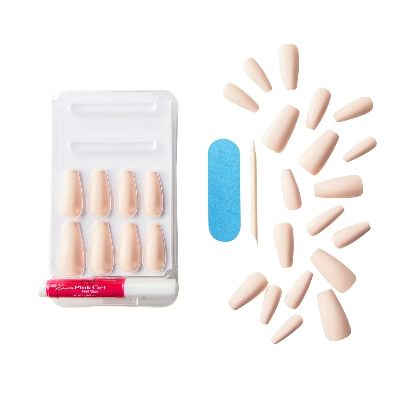 KISS Gel Fantasy Press-On Nails - Beige Coffin Shape, Long Size | Includes 28 Nails & Nail Glue
