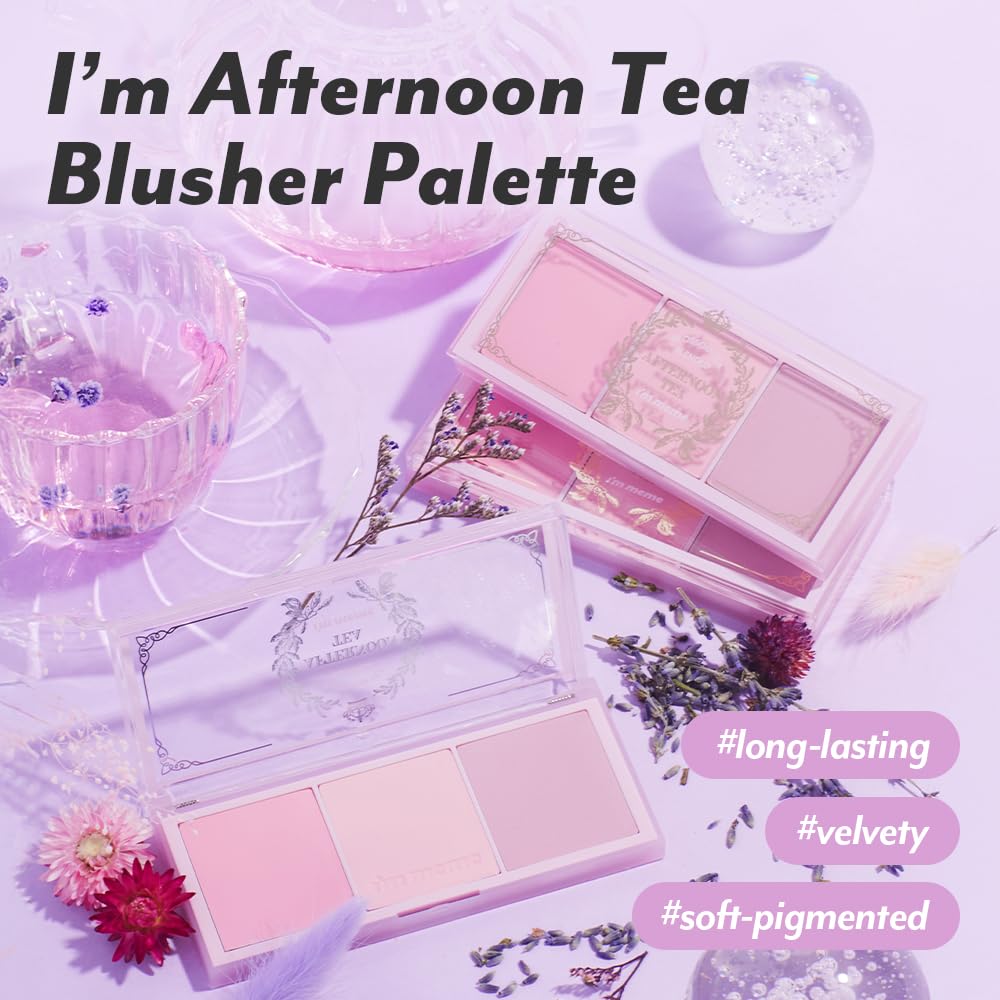 I'M MEME Blusher Palette - Afternoon Tea_Blossom Tea | Soft Pink, Peach, Lavender, 3 Shades Palette, Matte Powder, Face & Cheeks, For All Skin Tones, Powdery Finish, Lightweight Formula, 0.4 Oz