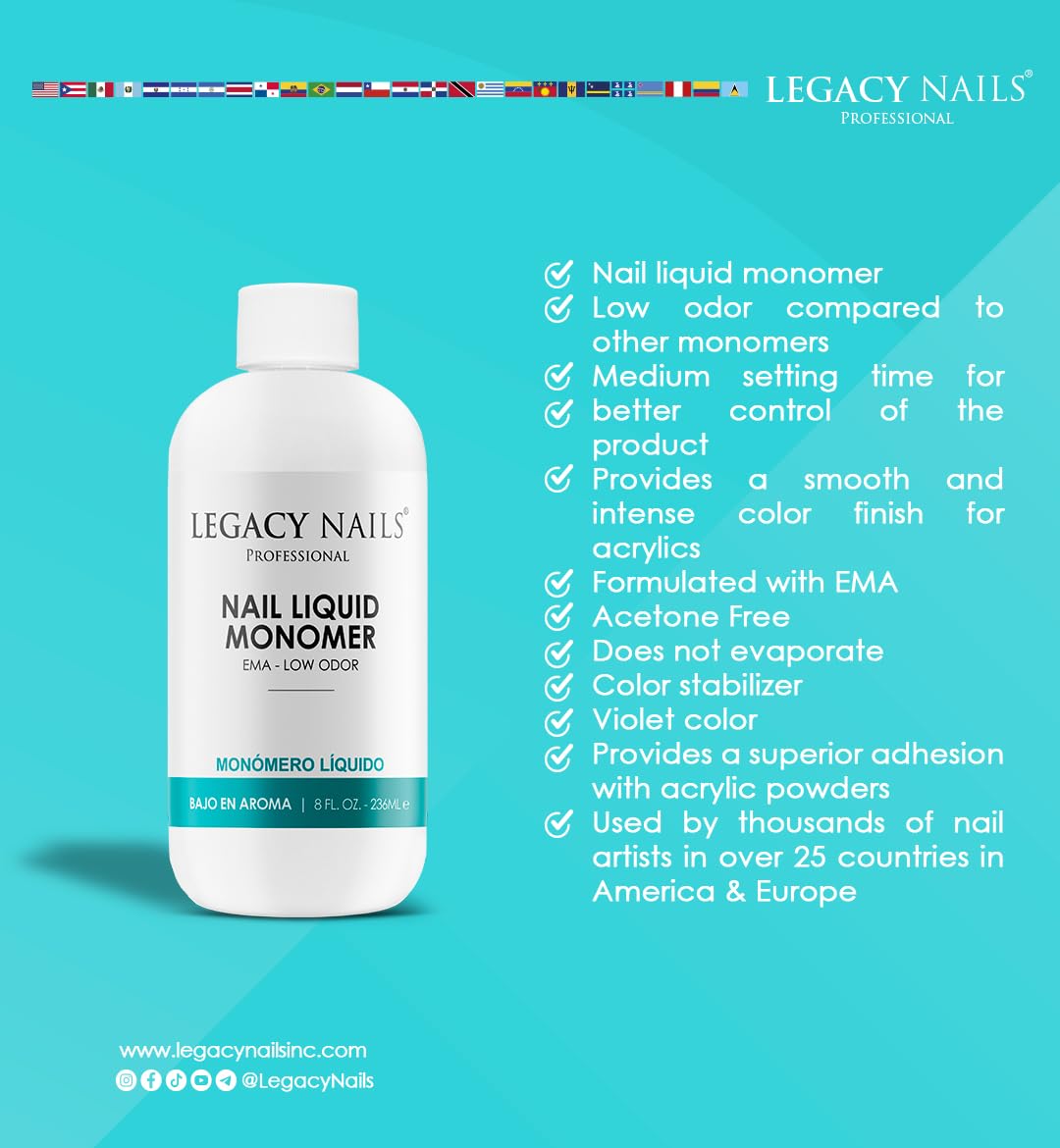 LEGACY NAILS Professional NAIL LIQUID MONOMER - MMA-Free, Acetone-Free, Low Odor Formula, Compatible with All Acrylic, Perfect for Nail Extensions, Sculpting & Overlays - 473ml / 16 FL.oz.