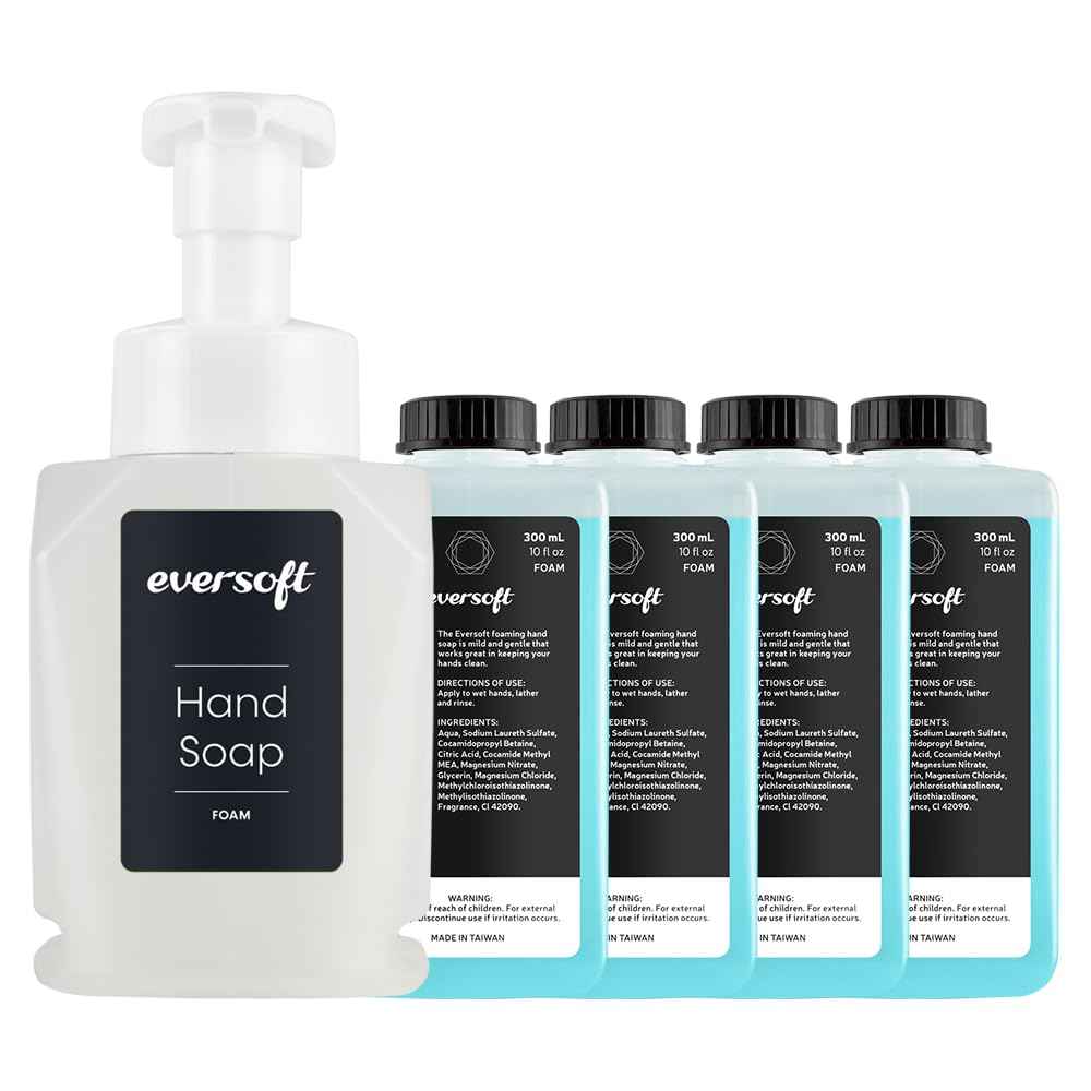 EZbrnd Eversoft Foaming Countertop Hand Soap Bottle Dispenser + 4 Refill Foam Soap Bundle, Fresh Scent