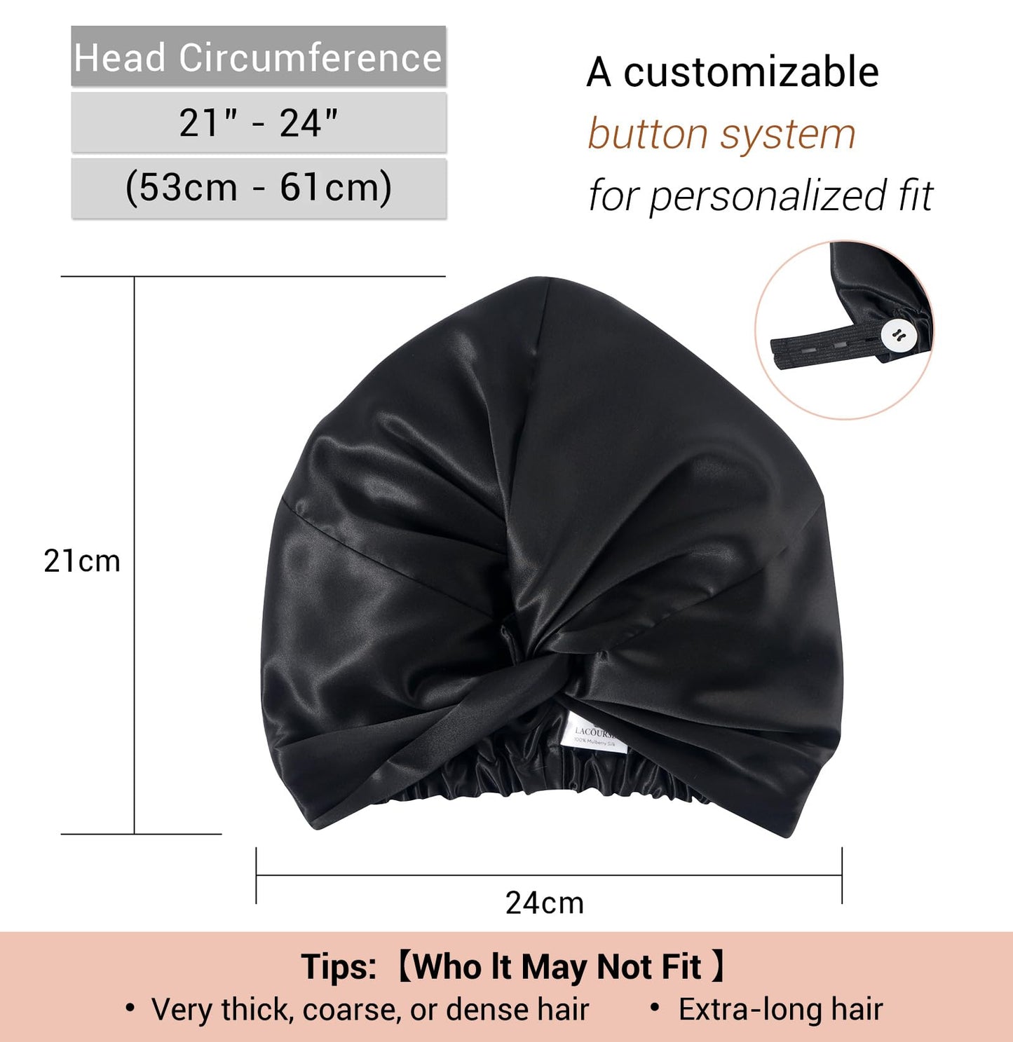 LaCourse Anti-Slip Adjustable Real 22 Momme 100% Mulberry Silk Bonnet with Scrunchie for Sleeping Women, Double-Layered Silk Hair Bonnet for Curly Hair, One Size (21-24 inch Head Size), Taupe