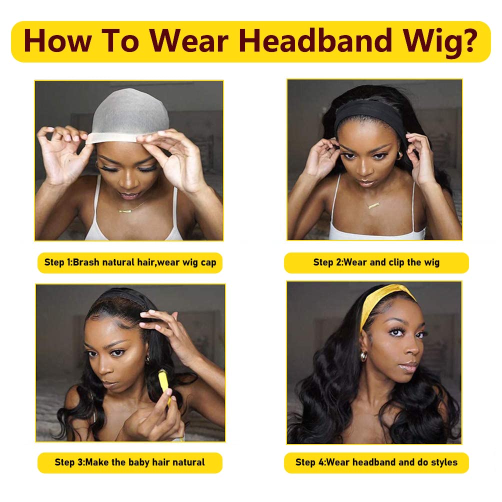 Miss Lee Headband Wig Body Wave Human Hair Headband Wigs For Black Women 12inch 150% Density Natural Black （12inch,Headband wig）