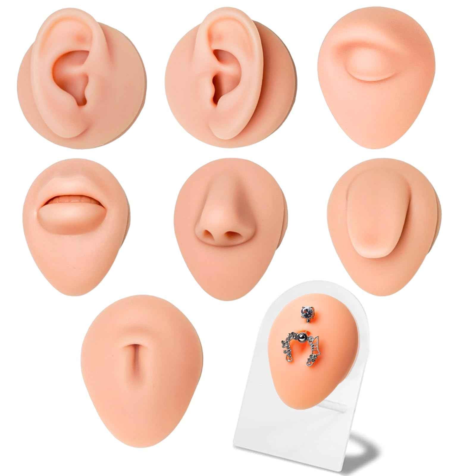 Yangna 7pcs Silicone Piercing Practice Kit with Acrylic Display Stand - Realistic Fake Ears, Nose, Tongue, Navel, Eye & Mouth Models for Piercing Training & Jewelry Display