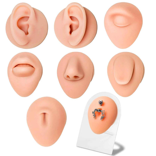 Yangna 7pcs Silicone Piercing Practice Kit with Acrylic Display Stand - Realistic Fake Ears, Nose, Tongue, Navel, Eye & Mouth Models for Piercing Training & Jewelry Display