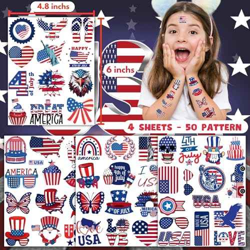 50 PCS Fourth of July Temporary Tattoos for Kids, Red White and Blue Themed Tattoos for Birthday Party Supplies USA Flag Memorial Day Independence Day Labor Day Tattoo Stickers for Kids Boys Girls