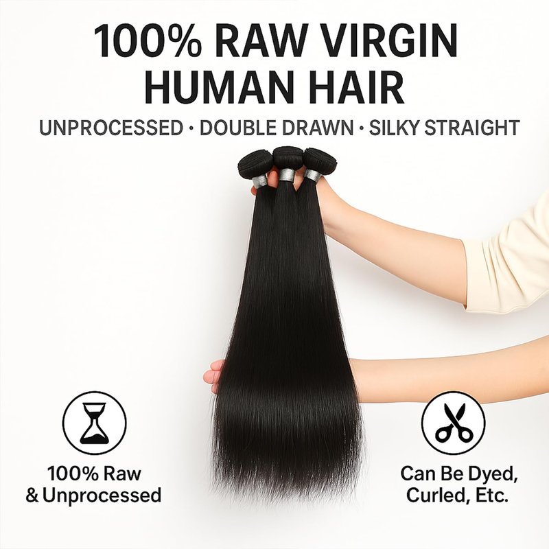 Raw Straight Human Hair Bundles - 100% Unprocessed Virgin Brazilian | Natural Black, 18 Inch, 95g