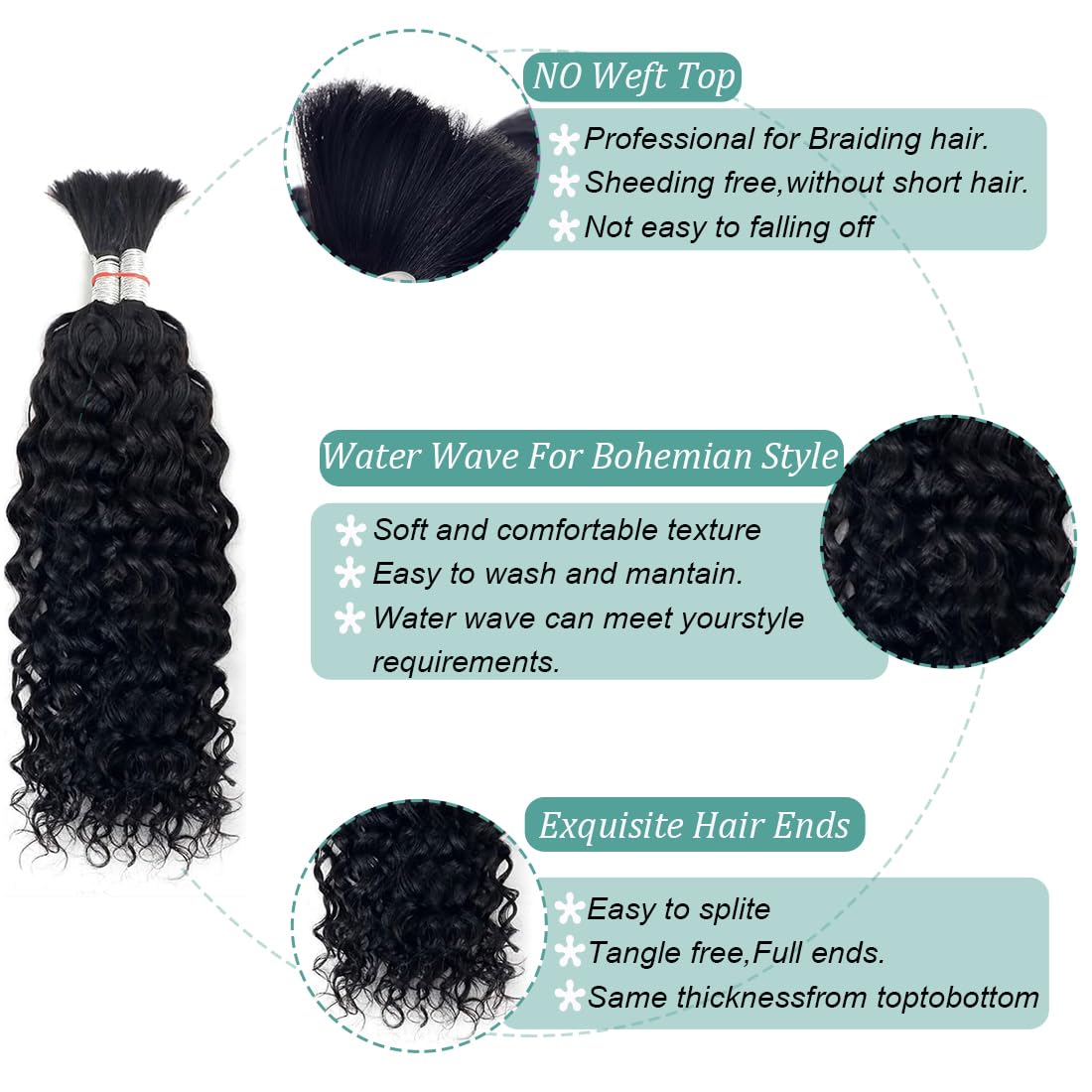 Water Wave Bulk Human Hair for Braiding No Weft Unprocessed Brazilian Virgin Human Hair Extensions Wet and Wavy Micro Braiding Hair Human Hair Bundles For Boho Braids Natural Color(18inch 2pack/100g)