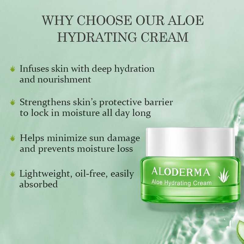 Aloderma Hydrating Face Cream for Dry Skin Made with 65% Organic Aloe Vera - Natural Hydration with Hyaluronic Acid & Arginine - Nourishing Aloe Vera Face Cream - Moisturizing Dry Skin Cream, 1.7oz