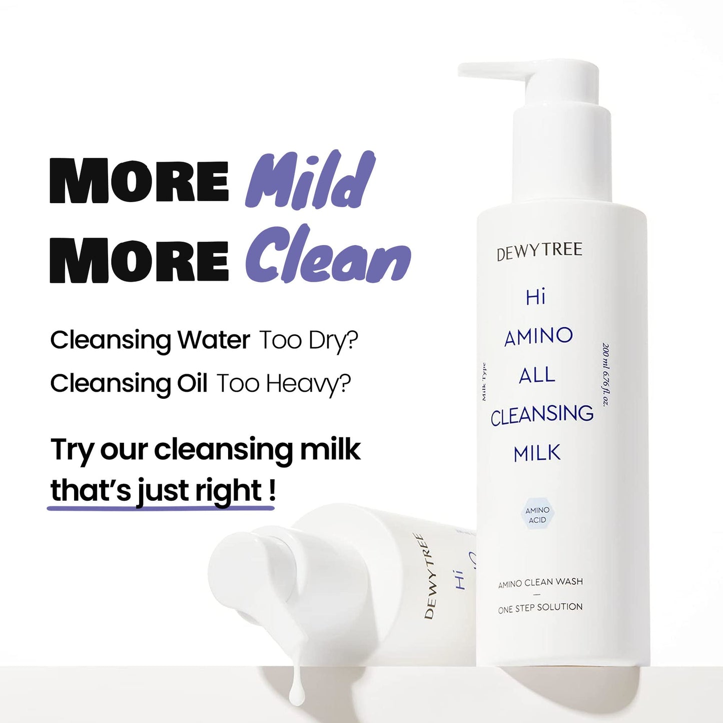 DEWYTREE Hi Amino All Cleansing Milk - Hydrating Facial Cleanser for Sensitive Skin | Amino Acid Face Lotion Oil Cleanser Korean Exfoliating Face Wash | Face Cleanser for Women & Men (6.76fl oz)