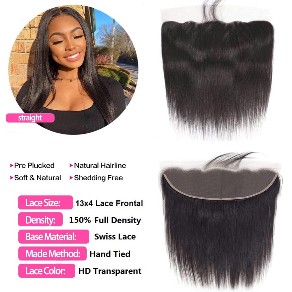 13x4 HD Lace Frontal Closure 18 Inch Straight Lace Frontal Human Hair 100% Unprocessed Brazilian Virgin Hair Ear to Ear Swiss HD Transparent Lace Closure Only Pre Plucked 1B Black