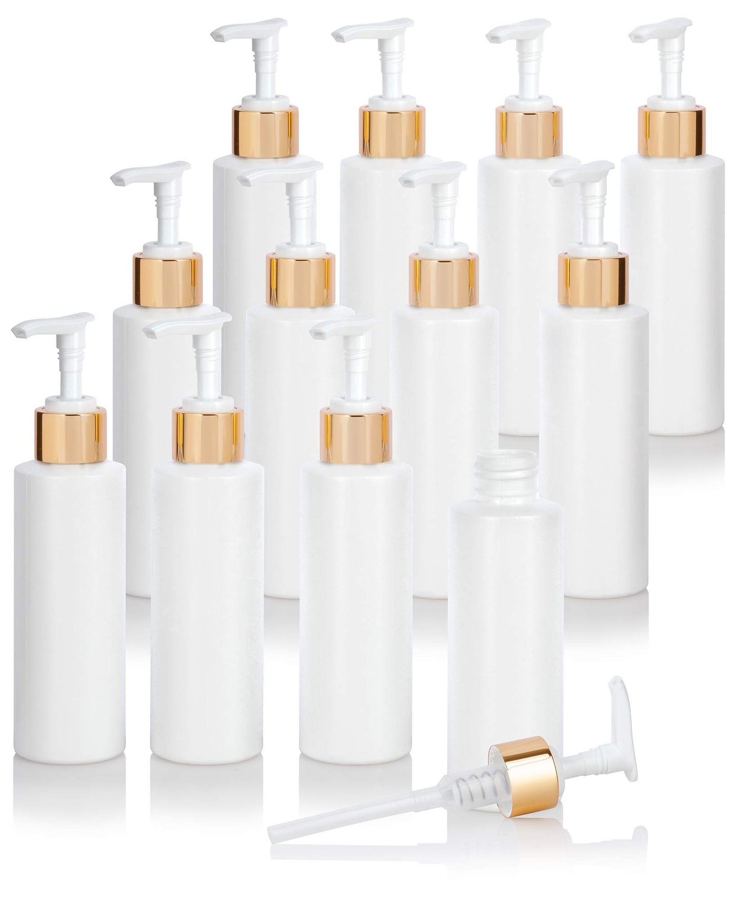 4 oz / 120 ml White Plastic HDPE Refillable Cylinder Squeeze Bottle with Gold Lotion Pump (12 Pack)