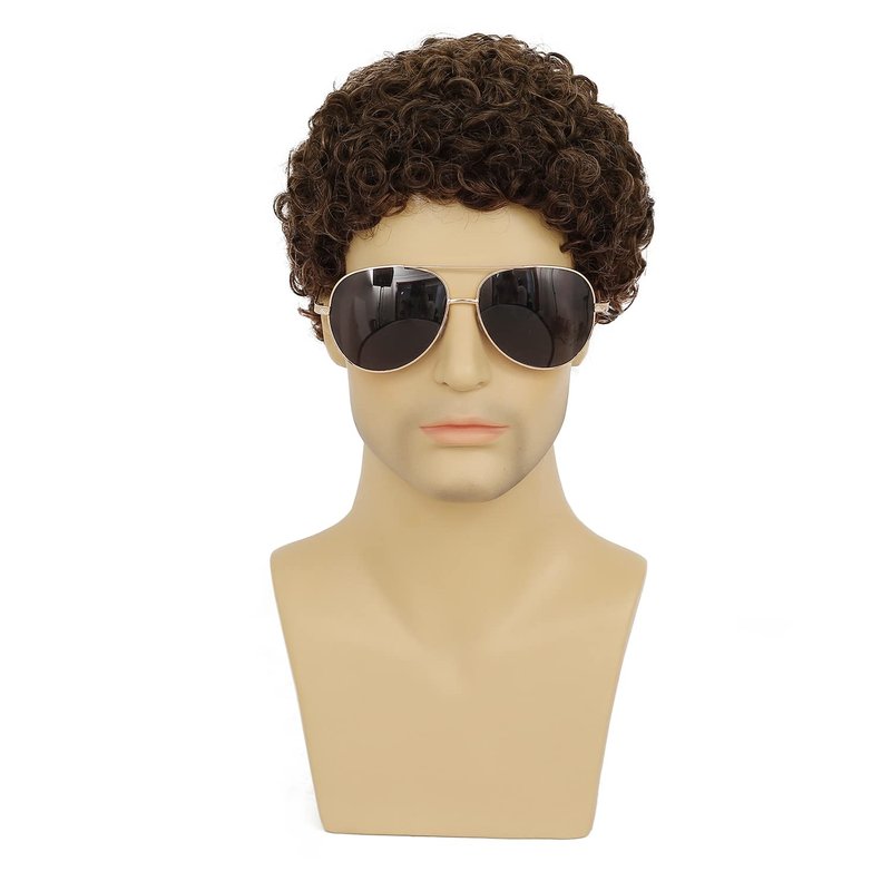 RicHyun Short Curly Brown Wig for Men Short Curly Afro Synthetic Natural Looking Daily Party Costume Halloween Wigs for Male Guys