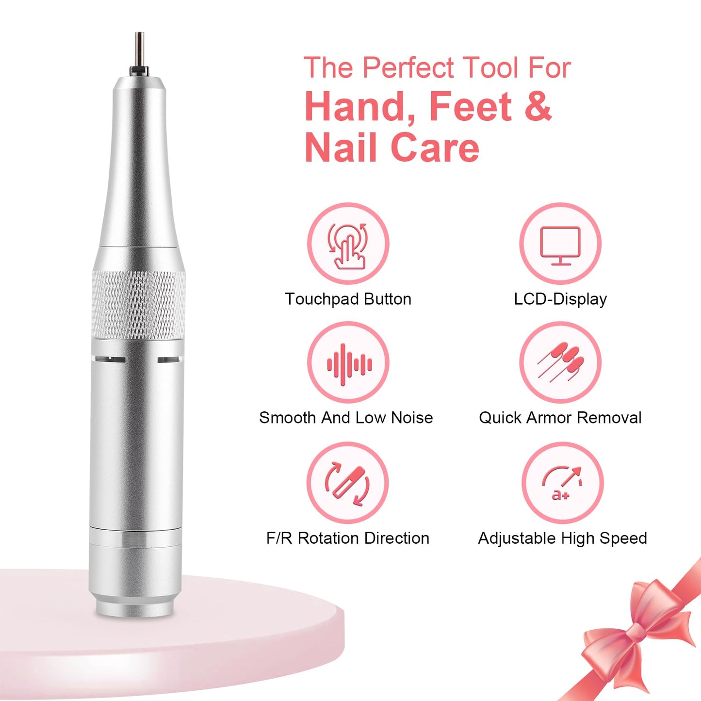 Electric 45000RPM Nail Drill Machine Rechargeable Portable Nail File Electric DIY Nail Drill Kit with Smart LCD Screen for Gel Nail Manicure and Pedicure Reflective Body etc (Pink)