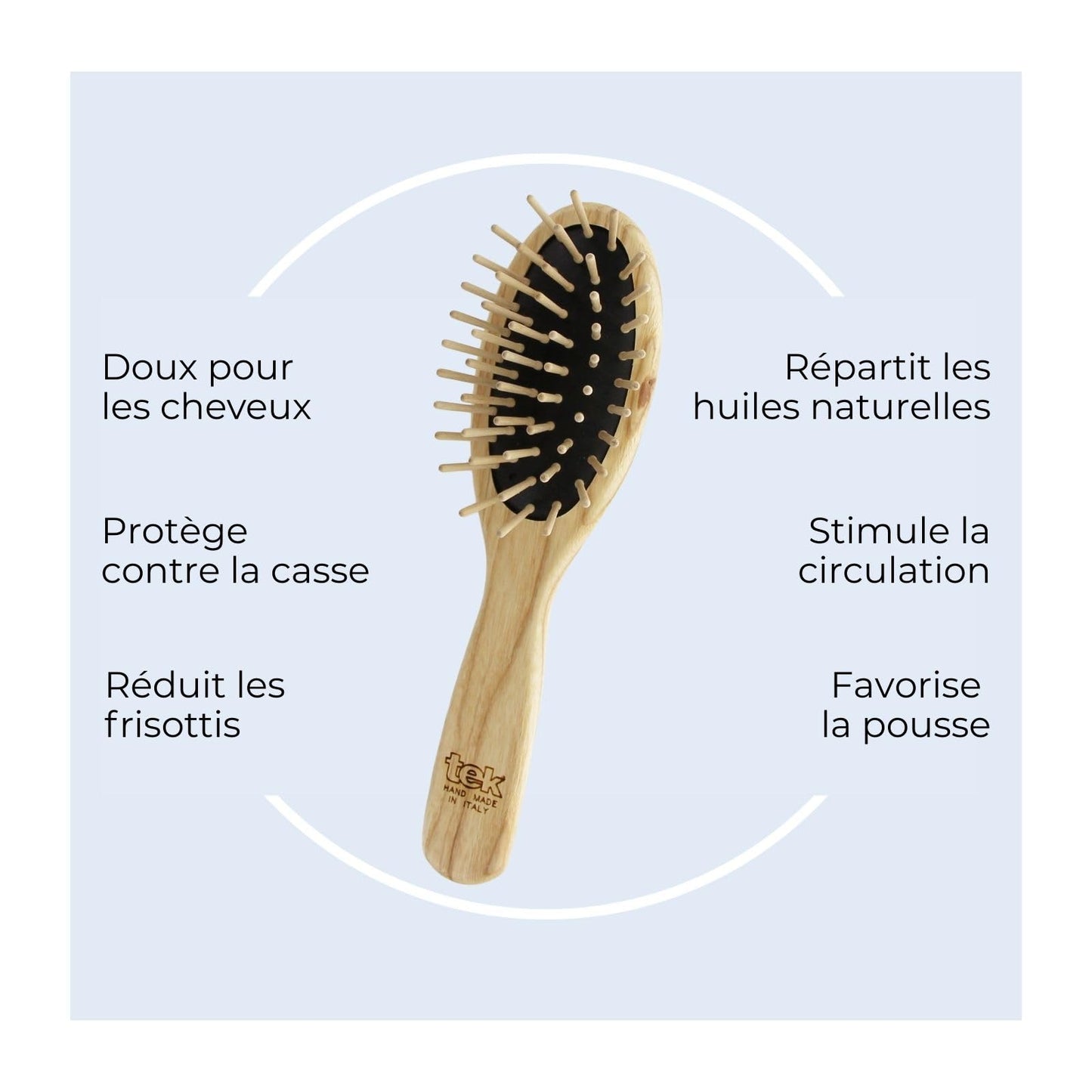 TEK | Oval Wooden Hair Brush with Short Pins in Natural Ash Wood, Ideal for Detangling, Styling and Daily Care of all Type of Hair | 17.5x4.7cm | Handmmade in Italy