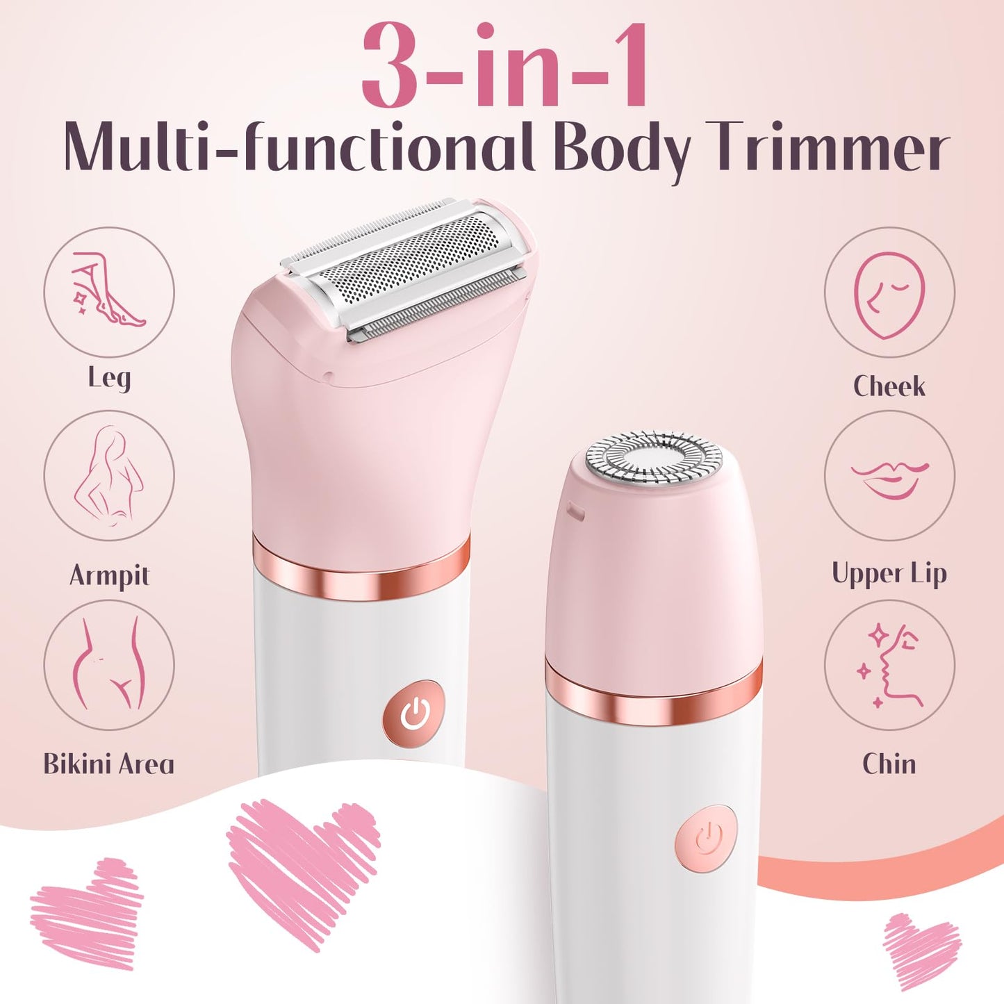 Bikini Trimmer for Women, Painless Electric Razor Shaver Women - Rechargeable Body Hair Trimmer, 3-In-1 Detachable Removal Kit with Ceramic Blade, Cordless Lady Shaver for Trip, IPX7 Waterproof, White